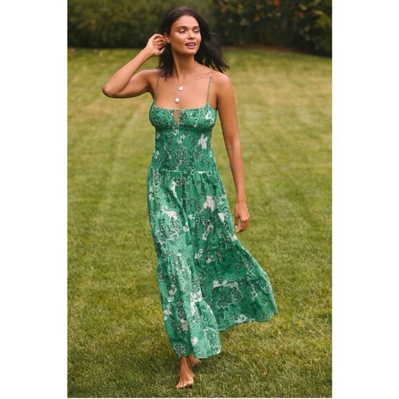 NEW Anthropologie Josephine Green Smocked Drop-Waist Tiered Maxi Dress XX-Small - Picture 1 of 4